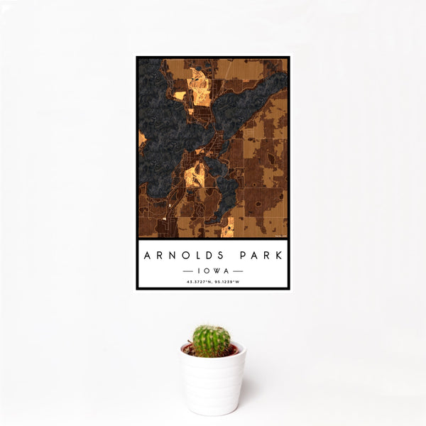 12x18 Arnolds Park Iowa Map Print Portrait Orientation in Ember Style With Small Cactus Plant in White Planter