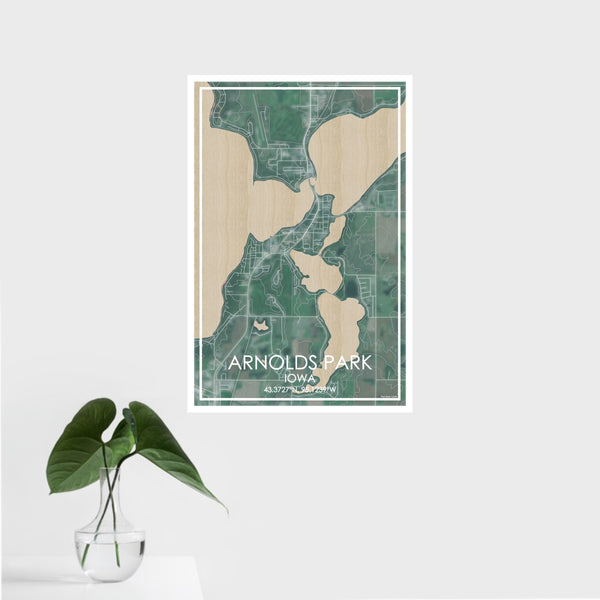 16x24 Arnolds Park Iowa Map Print Portrait Orientation in Afternoon Style With Tropical Plant Leaves in Water