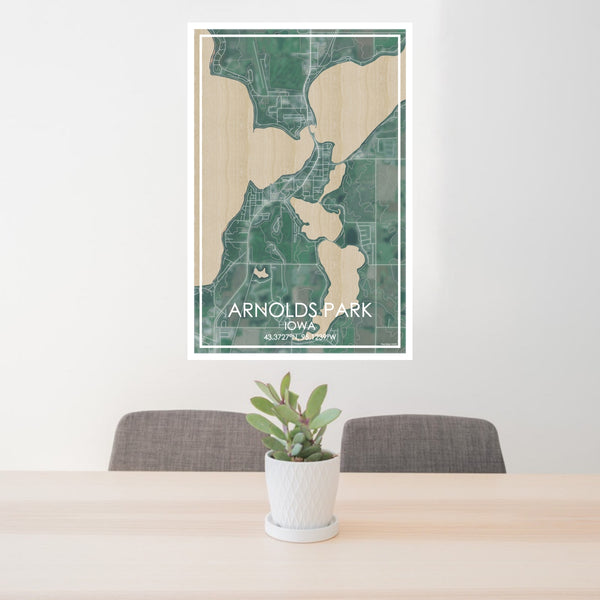 24x36 Arnolds Park Iowa Map Print Portrait Orientation in Afternoon Style Behind 2 Chairs Table and Potted Plant