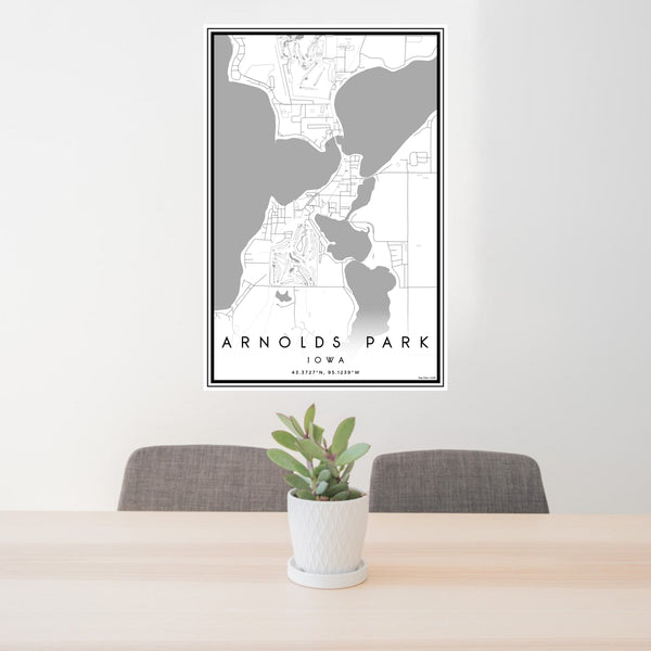 24x36 Arnolds Park Iowa Map Print Portrait Orientation in Classic Style Behind 2 Chairs Table and Potted Plant