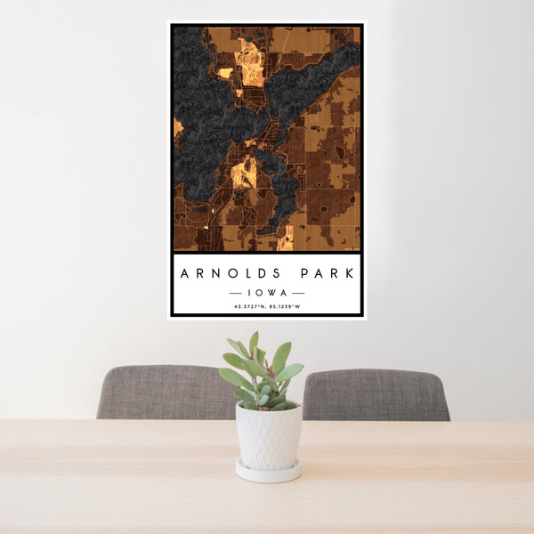 24x36 Arnolds Park Iowa Map Print Portrait Orientation in Ember Style Behind 2 Chairs Table and Potted Plant