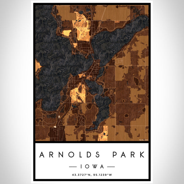 Arnolds Park Iowa Map Print Portrait Orientation in Ember Style With Shaded Background