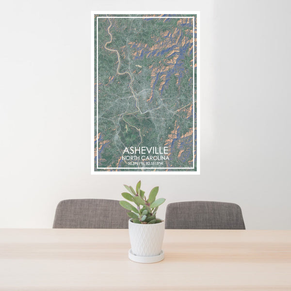24x36 Asheville North Carolina Map Print Portrait Orientation in Afternoon Style Behind 2 Chairs Table and Potted Plant