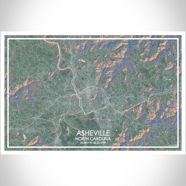 Asheville North Carolina Map Print Landscape Orientation in Afternoon Style With Shaded Background