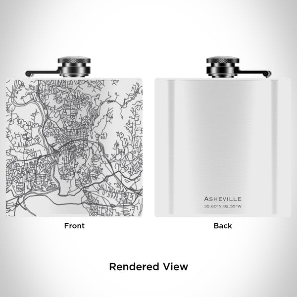 Rendered View of Asheville North Carolina Map Engraving on 6oz Stainless Steel Flask in White