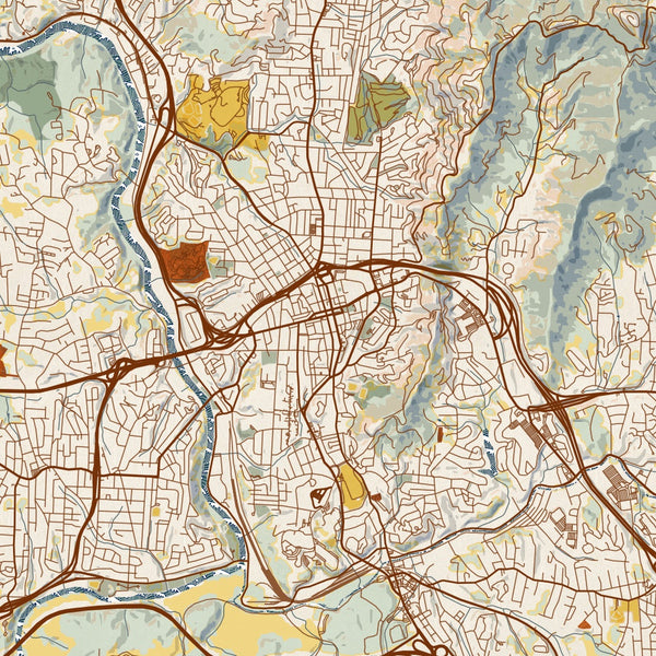 Asheville - North Carolina Map Print in Woodblock
