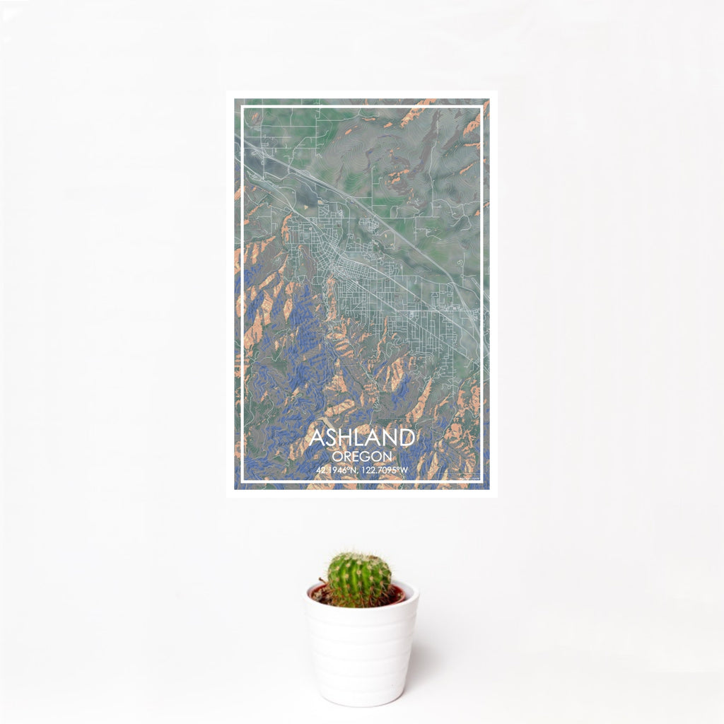 12x18 Ashland Oregon Map Print Portrait Orientation in Afternoon Style With Small Cactus Plant in White Planter