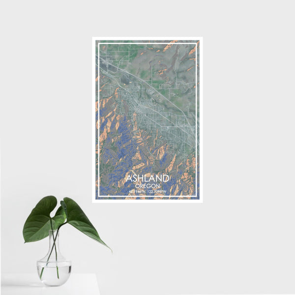 16x24 Ashland Oregon Map Print Portrait Orientation in Afternoon Style With Tropical Plant Leaves in Water