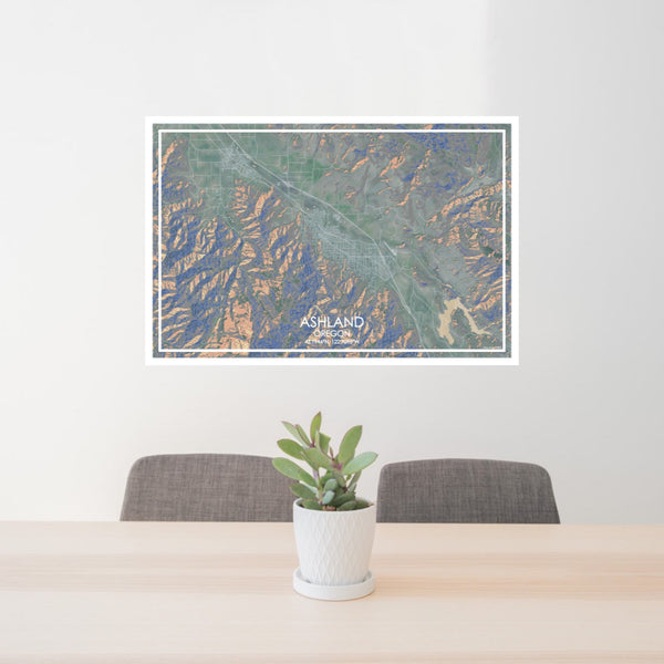24x36 Ashland Oregon Map Print Lanscape Orientation in Afternoon Style Behind 2 Chairs Table and Potted Plant