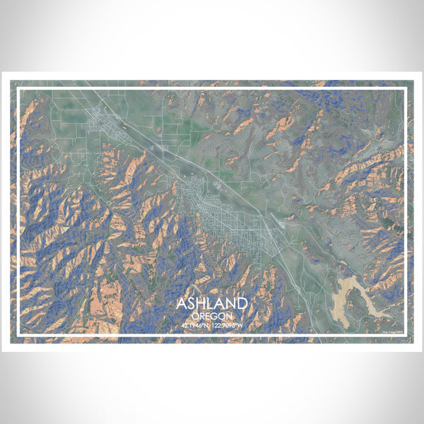Ashland Oregon Map Print Landscape Orientation in Afternoon Style With Shaded Background