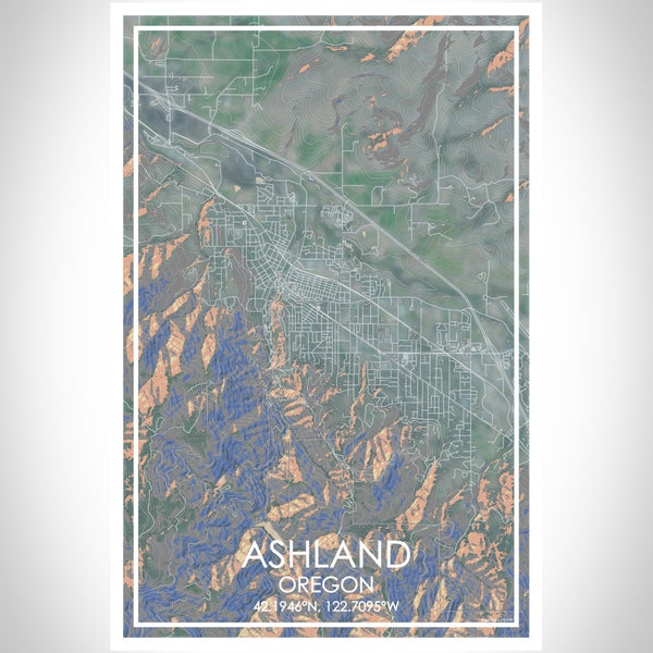 Ashland Oregon Map Print Portrait Orientation in Afternoon Style With Shaded Background