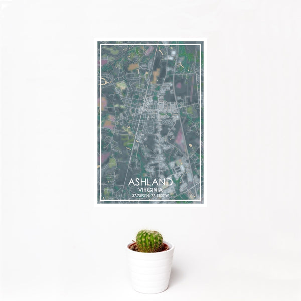 12x18 Ashland Virginia Map Print Portrait Orientation in Afternoon Style With Small Cactus Plant in White Planter