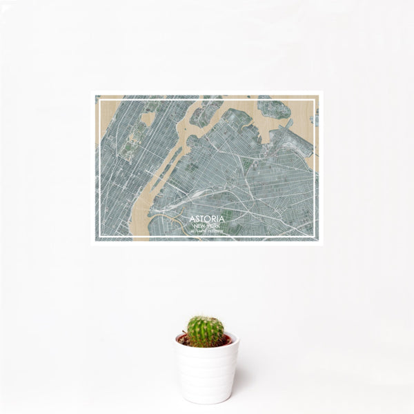 12x18 Astoria New York Map Print Landscape Orientation in Afternoon Style With Small Cactus Plant in White Planter