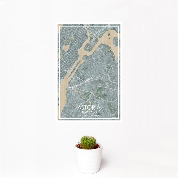 12x18 Astoria New York Map Print Portrait Orientation in Afternoon Style With Small Cactus Plant in White Planter