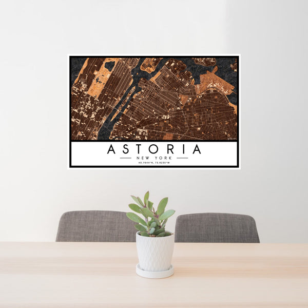 24x36 Astoria New York Map Print Landscape Orientation in Ember Style Behind 2 Chairs Table and Potted Plant