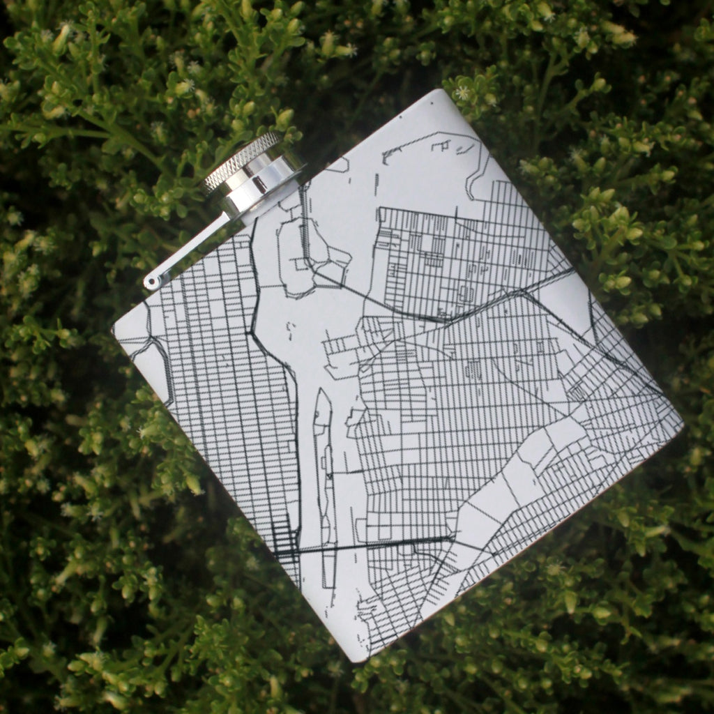 Astoria New York Custom Engraved City Map Inscription Coordinates on 6oz Stainless Steel Flask in White