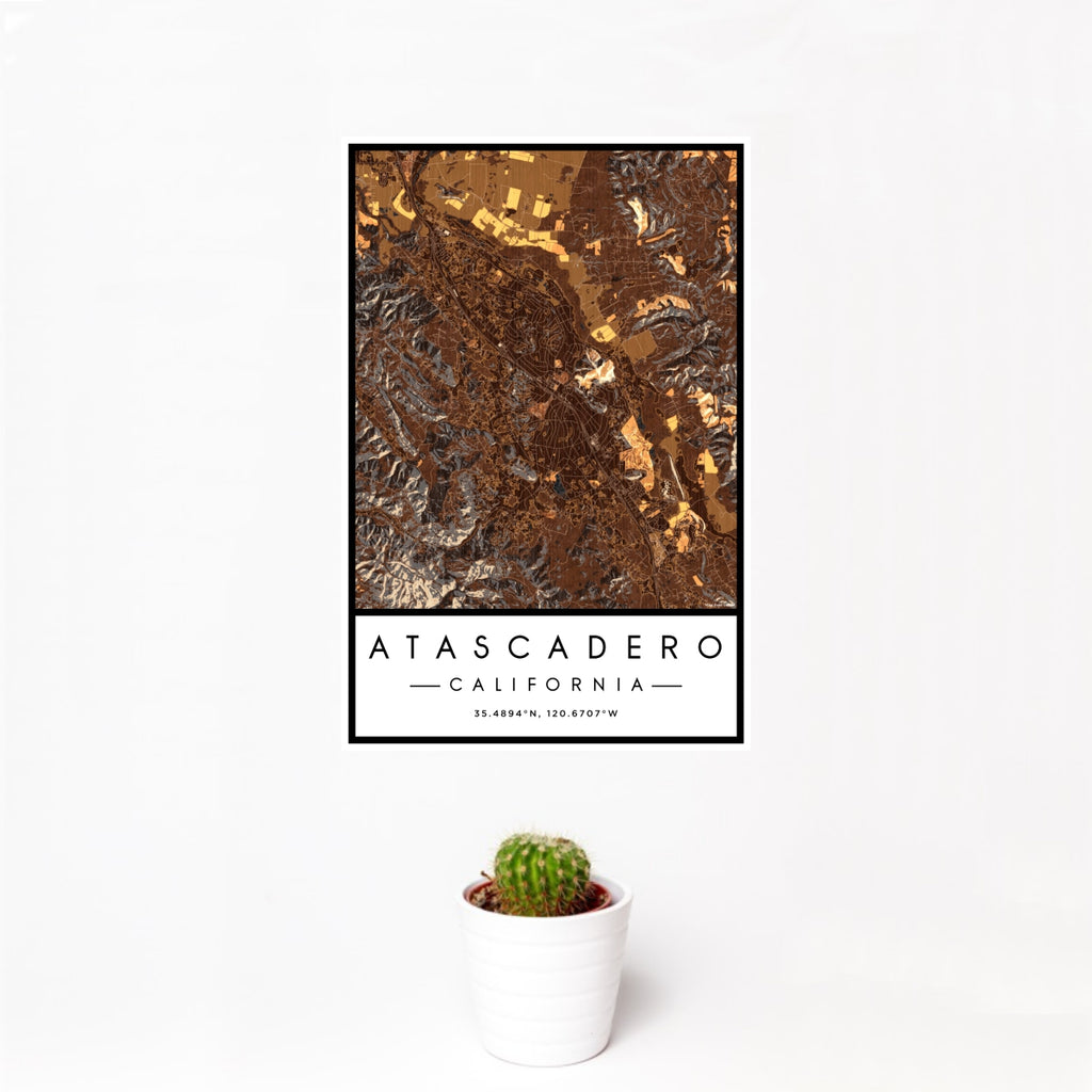 12x18 Atascadero California Map Print Portrait Orientation in Ember Style With Small Cactus Plant in White Planter
