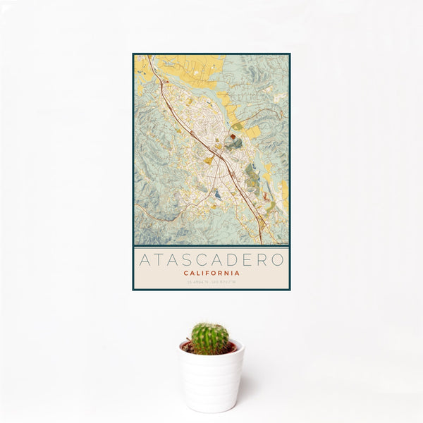 12x18 Atascadero California Map Print Portrait Orientation in Woodblock Style With Small Cactus Plant in White Planter