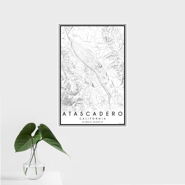 16x24 Atascadero California Map Print Portrait Orientation in Classic Style With Tropical Plant Leaves in Water