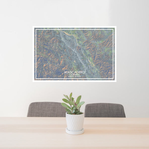 24x36 Atascadero California Map Print Lanscape Orientation in Afternoon Style Behind 2 Chairs Table and Potted Plant