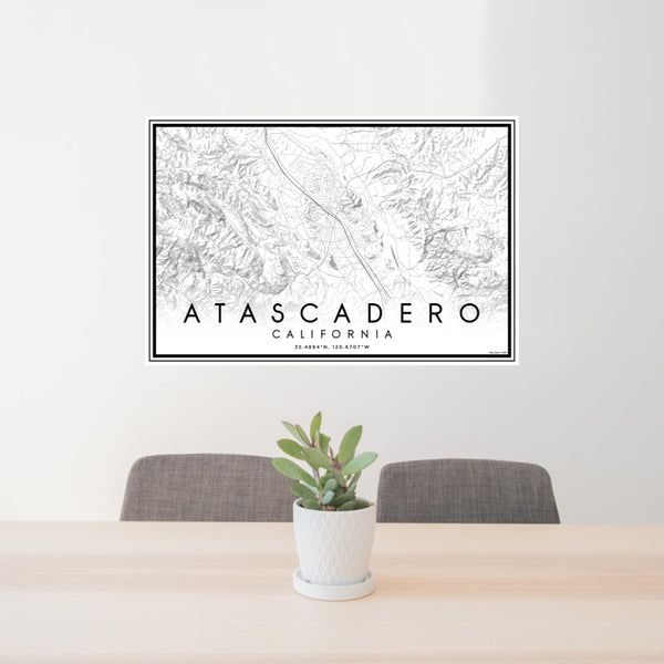 24x36 Atascadero California Map Print Lanscape Orientation in Classic Style Behind 2 Chairs Table and Potted Plant
