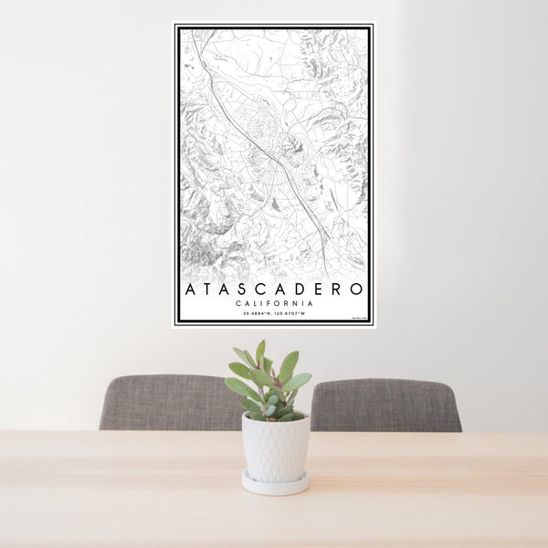 24x36 Atascadero California Map Print Portrait Orientation in Classic Style Behind 2 Chairs Table and Potted Plant