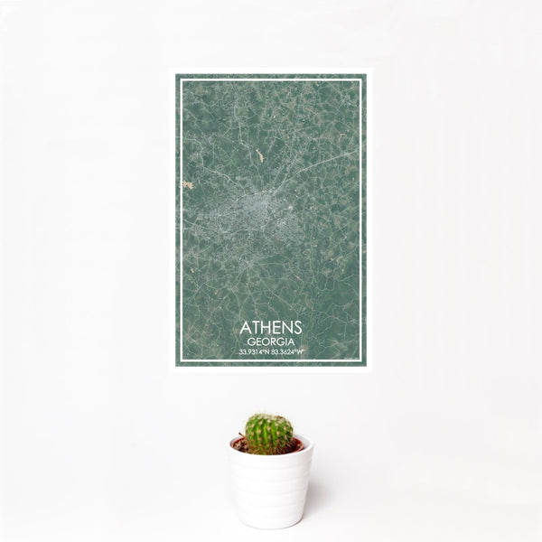 12x18 Athens Georgia Map Print Portrait Orientation in Afternoon Style With Small Cactus Plant in White Planter