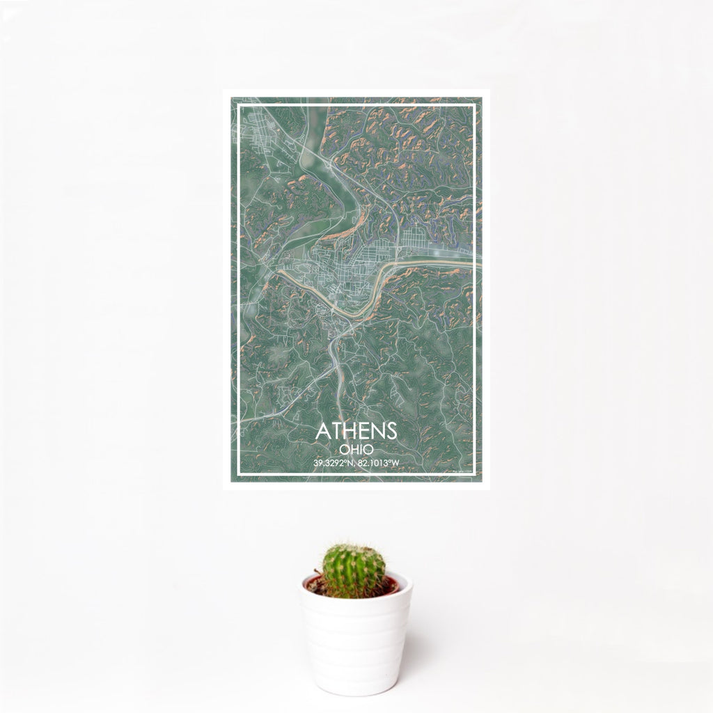 12x18 Athens Ohio Map Print Portrait Orientation in Afternoon Style With Small Cactus Plant in White Planter