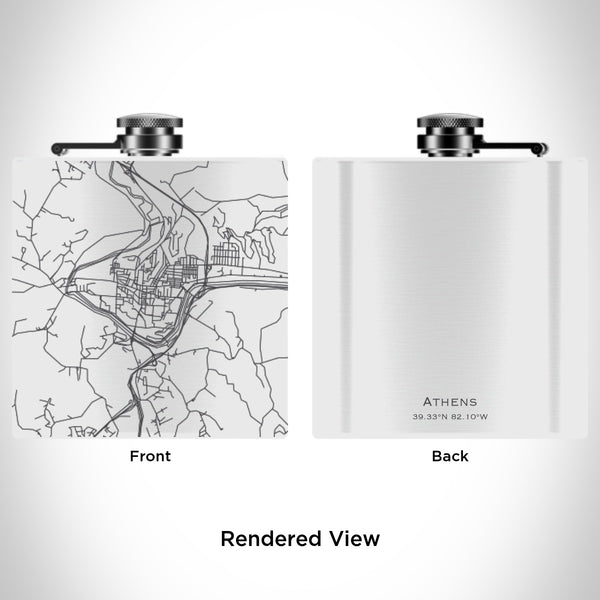 Rendered View of Athens Ohio Map Engraving on 6oz Stainless Steel Flask in White