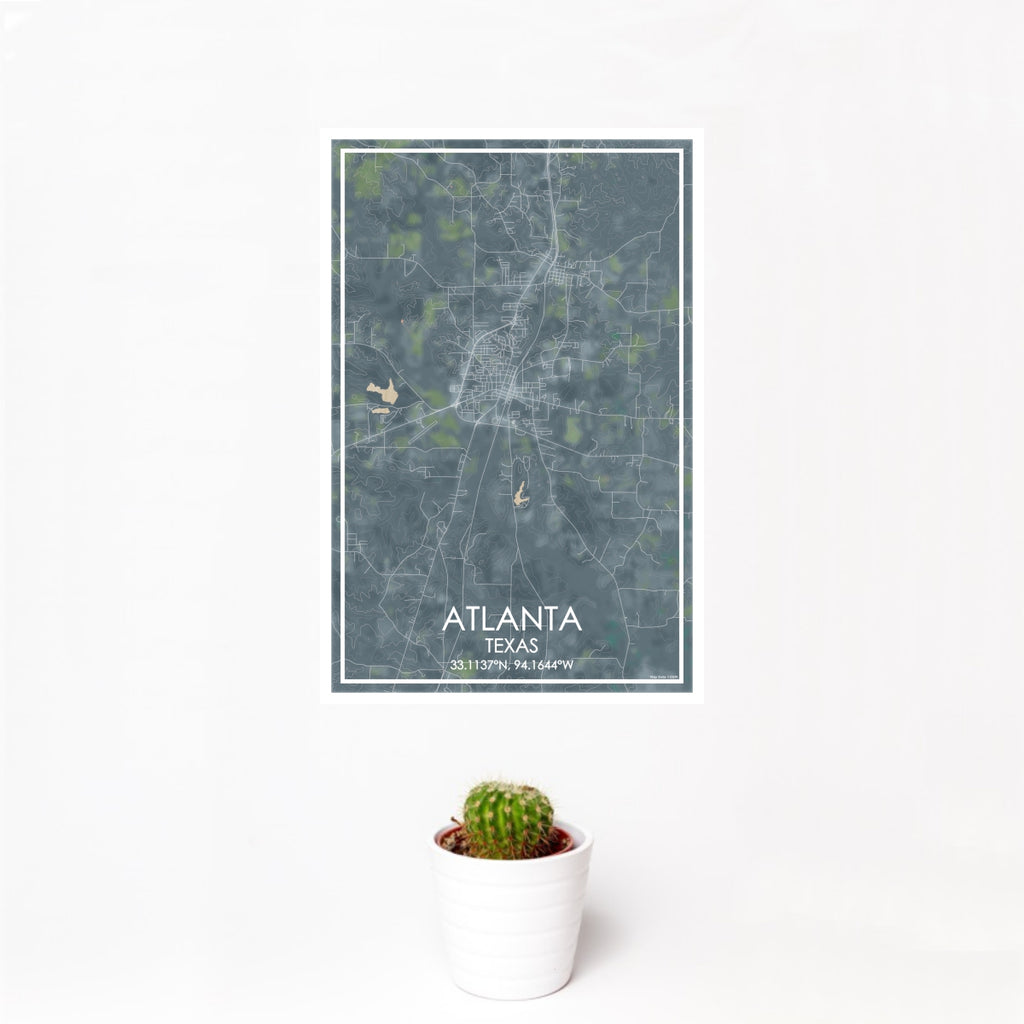 12x18 Atlanta Texas Map Print Portrait Orientation in Afternoon Style With Small Cactus Plant in White Planter