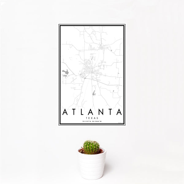 12x18 Atlanta Texas Map Print Portrait Orientation in Classic Style With Small Cactus Plant in White Planter