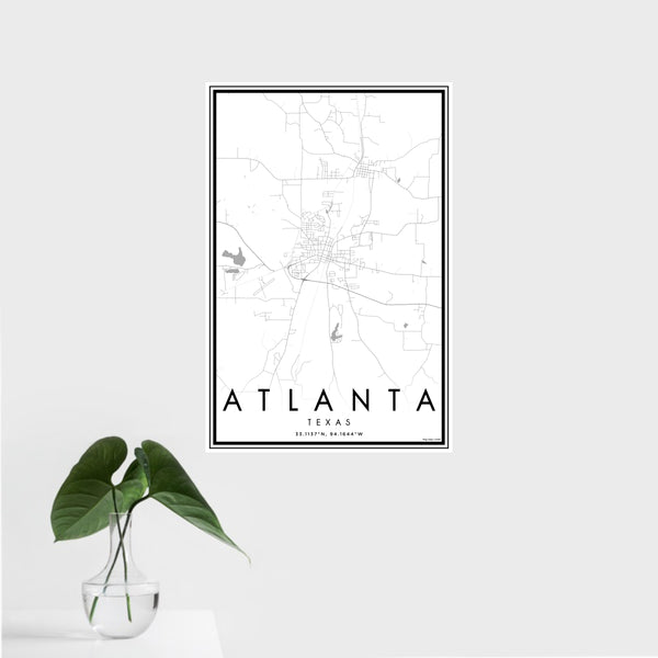 16x24 Atlanta Texas Map Print Portrait Orientation in Classic Style With Tropical Plant Leaves in Water