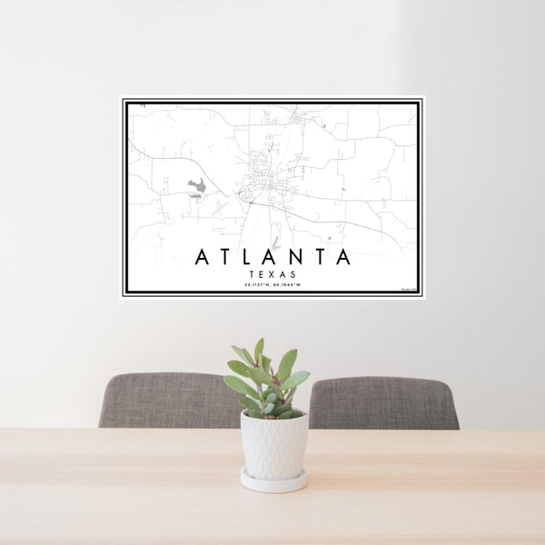 24x36 Atlanta Texas Map Print Lanscape Orientation in Classic Style Behind 2 Chairs Table and Potted Plant