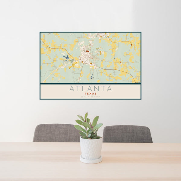 24x36 Atlanta Texas Map Print Lanscape Orientation in Woodblock Style Behind 2 Chairs Table and Potted Plant