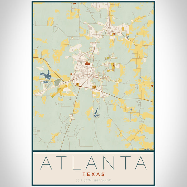 Atlanta Texas Map Print Portrait Orientation in Woodblock Style With Shaded Background