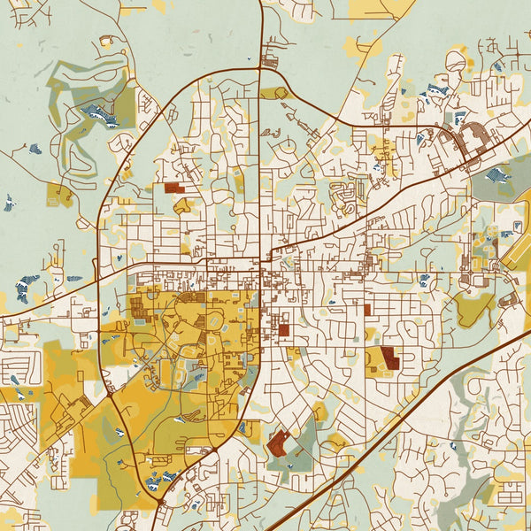 Auburn - Alabama Map Print in Woodblock
