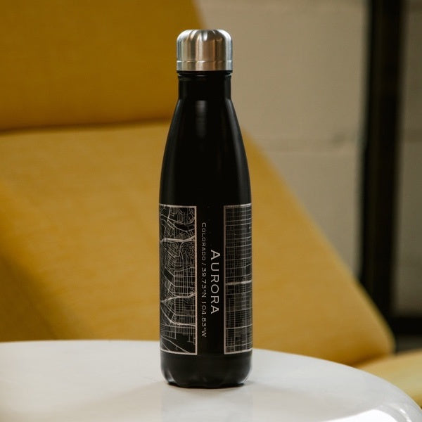 Aurora - Colorado Map Insulated Bottle in Matte Black