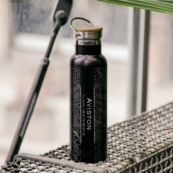 Aviston Illinois Custom Engraved City Map Inscription Coordinates on 20oz Stainless Steel Insulated Bottle with Bamboo Top in Black