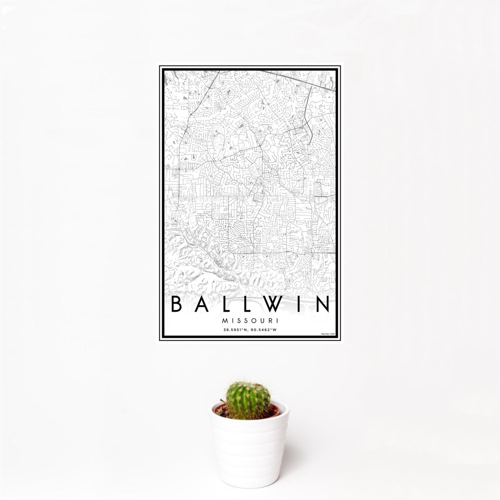 12x18 Ballwin Missouri Map Print Portrait Orientation in Classic Style With Small Cactus Plant in White Planter