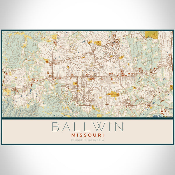 Ballwin Missouri Map Print Landscape Orientation in Woodblock Style With Shaded Background