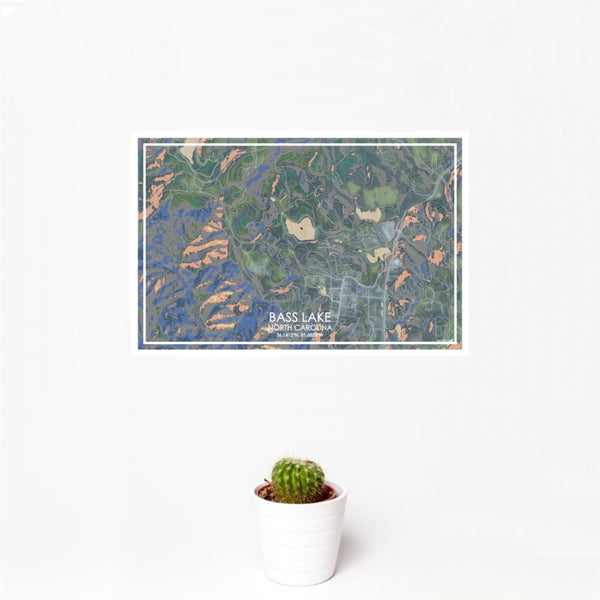 12x18 Bass Lake North Carolina Map Print Landscape Orientation in Afternoon Style With Small Cactus Plant in White Planter