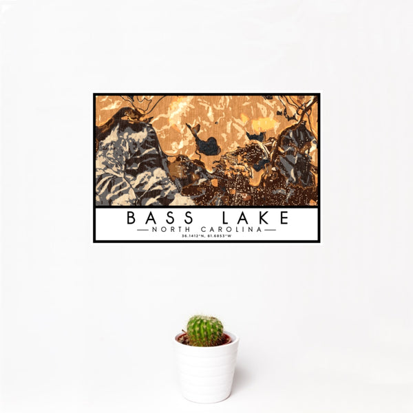 12x18 Bass Lake North Carolina Map Print Landscape Orientation in Ember Style With Small Cactus Plant in White Planter