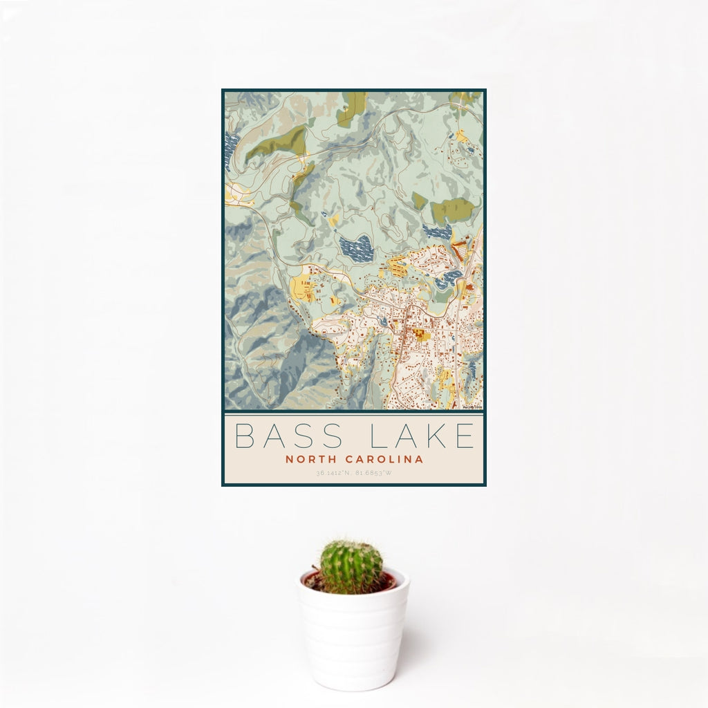 12x18 Bass Lake North Carolina Map Print Portrait Orientation in Woodblock Style With Small Cactus Plant in White Planter