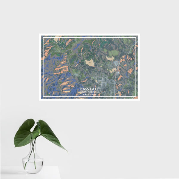 16x24 Bass Lake North Carolina Map Print Landscape Orientation in Afternoon Style With Tropical Plant Leaves in Water