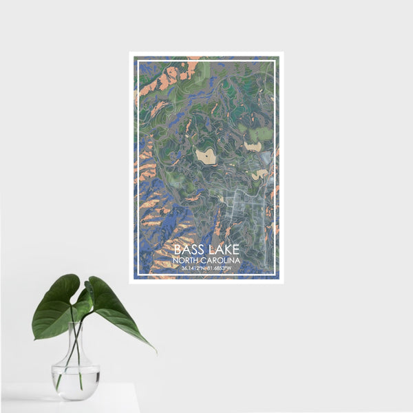 16x24 Bass Lake North Carolina Map Print Portrait Orientation in Afternoon Style With Tropical Plant Leaves in Water