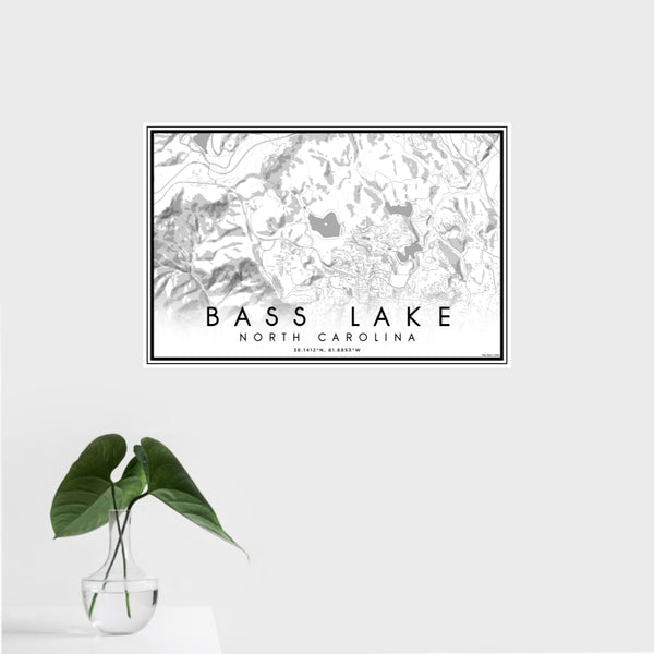 16x24 Bass Lake North Carolina Map Print Landscape Orientation in Classic Style With Tropical Plant Leaves in Water