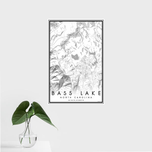 16x24 Bass Lake North Carolina Map Print Portrait Orientation in Classic Style With Tropical Plant Leaves in Water