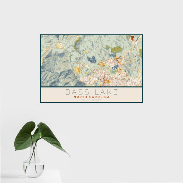 16x24 Bass Lake North Carolina Map Print Landscape Orientation in Woodblock Style With Tropical Plant Leaves in Water