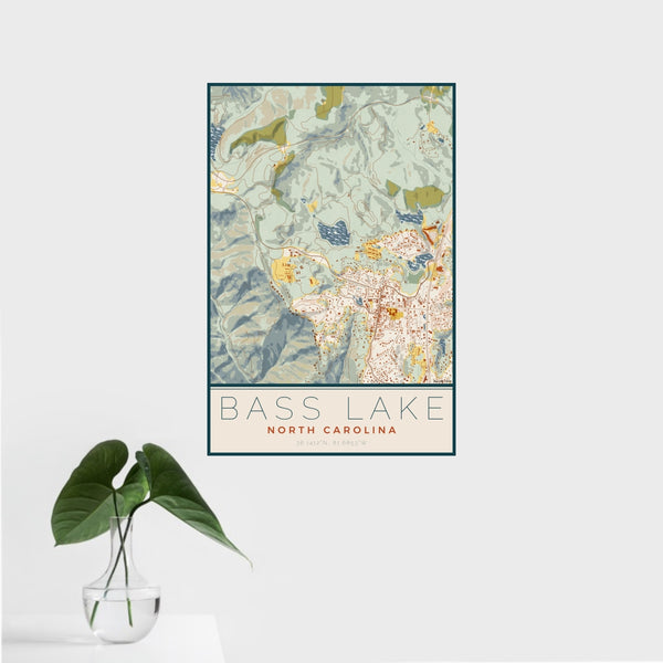 16x24 Bass Lake North Carolina Map Print Portrait Orientation in Woodblock Style With Tropical Plant Leaves in Water