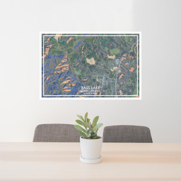 24x36 Bass Lake North Carolina Map Print Lanscape Orientation in Afternoon Style Behind 2 Chairs Table and Potted Plant